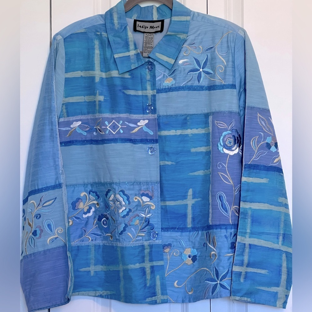 Vintage Indigo Moon light blue and light purple embroidered floral jacket